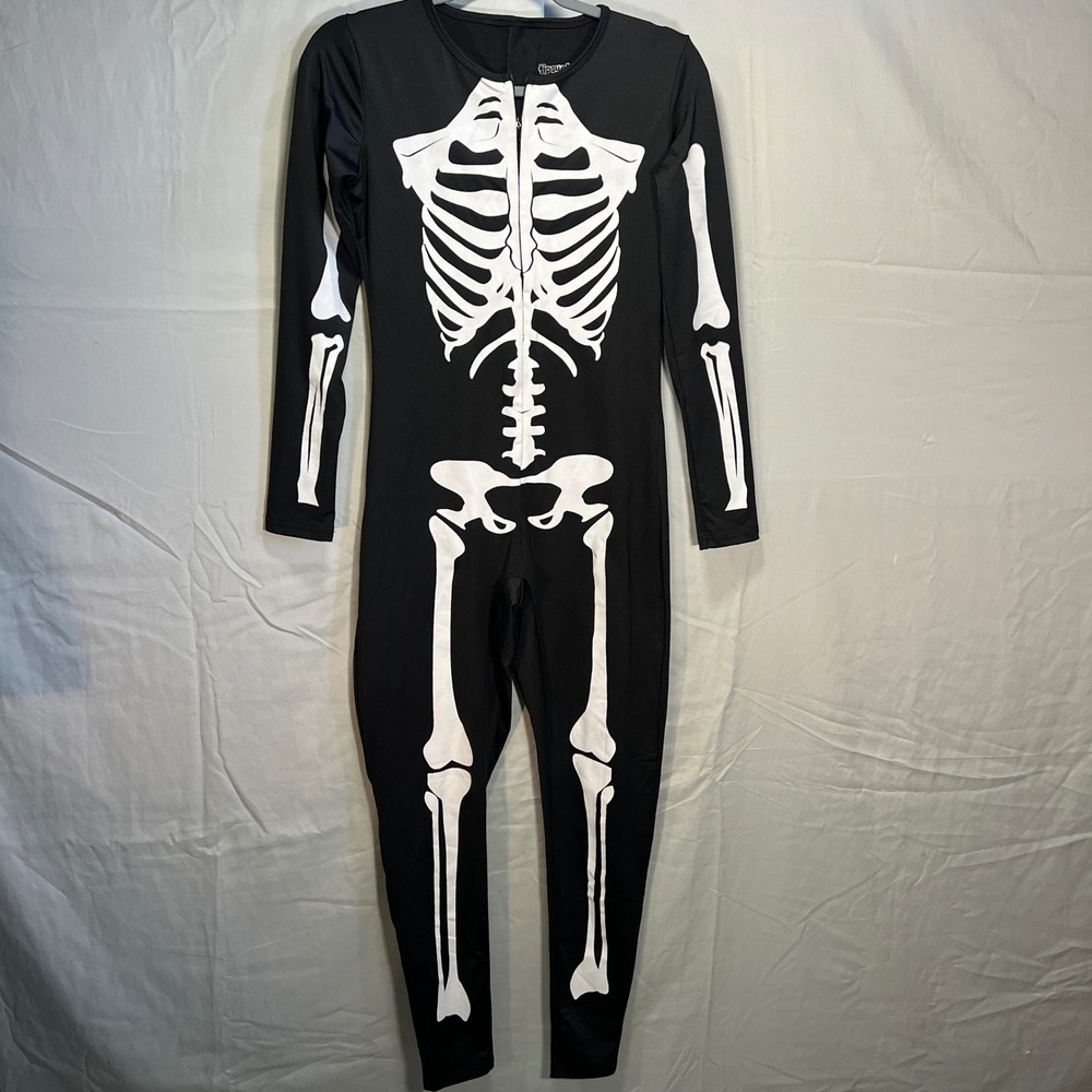 TipsyElves Skeleton Jumpsuit Black White Long‎ Sleeve Zipper Front Youth Medium